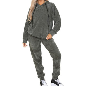 Conjunto Deportivo de 2 Piezas para Mujer, Invierno, Lavado Ácido, Diseño Sólido, Sudadera con Capucha, Pantalones Deportivos, Casual, Transpirable, Ecológico, 100% Algodón - Product Image 1