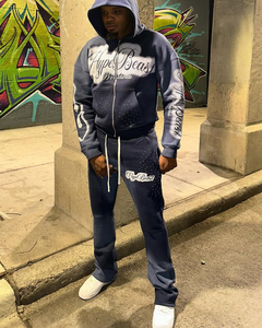 HypeBeast Worldwide Men's Tracksuit Full <b>Zip</b> <b>Hooded</b> Sweatshirt Set Black Letter Print Streetwear Autumn Casual Wear - Product Image 3