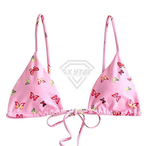 Conjunto de Bikini con Estampado de Mariposas Rosas para Mujer, Traje de Baño Elástico de Dos Piezas, Top Halter con Lazos Laterales y Detalle de Cordón - Product Image 4