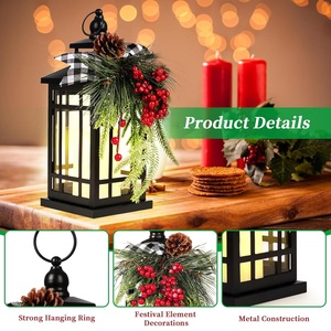 Black Iron Lantern With Christmas <b>Pine</b> And Berries Flameless <b>Candle</b> Holder For Home Decoration Wedding Christmas - Product Image 5