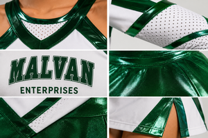 Ensemble d'uniformes de cheerleading, haut court à manches longues, mini-jupe, vert et blanc, tenue de compétition pour adultes, polyester, spandex, strass, 220g - Product Image 4