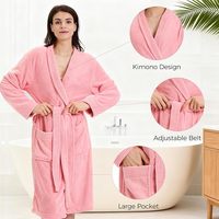 Bata de Baño de Felpa para Mujer, Manga Larga, Cuello en V, Largo Completo, Cinturón Ajustable, Suave y Cómoda, 100% Algodón, Rosa