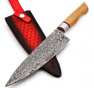 Couteau de chef utilitaire artisanal en acier Damas goutte de pluie, manche en bois, outil de découpe pour barbecue extérieur avec étui en cuir - Product Image 5