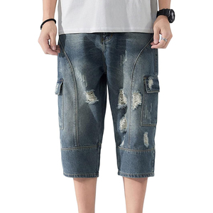 Pantalon Capri Rétro en Jean pour Homme – Short en Jean Tricoté Extensible Effet Vieilli Coupe Ample pour Homme - Product Image 1