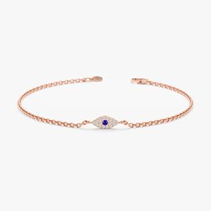Pulsera de Diamantes de Oro Sólido de 14K con Dije de Ojo de la Suerte, Oro Blanco y Rosa, Zafiro Natural Solitario, Delicada - Product Image 6