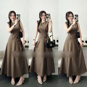 Vestido Maxi de Seda para Mujer, Manga Corta, Color Sólido, Elegante, Cómodo, Informal, Formal, Teñido con Hilo, Suministro ODM - Product Image 3