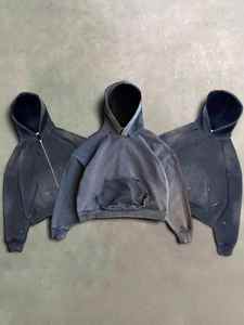 Nesta Sports Custom Streetwear – Sweat à capuche surdimensionné pour homme en molleton épais 420 GSM, délavé à l'acide, double fermeture éclair, coupe courte et déchirée - Product Image 6