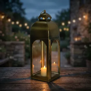 <b>Brass</b> Rectangular <b>Lantern</b> With Glass Panels Durable Home Decoration Candle Holder - Product Image 1