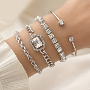 Hot Sell Vintage Gold Plated Zinc Alloy Square Diamond Adjustable Charm <b>Bracelet</b> Bangles Set High Polished Women's Jewelry Third - Product Image 5