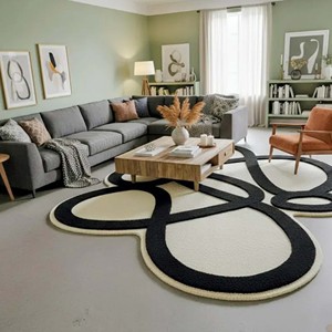Contemporary Black White Wool Abstract Rug Irregular Loop Shape Tufted Carpet Modern Artistic <b>Floor</b> Mat for Living Room Bedroom - Product Image 2