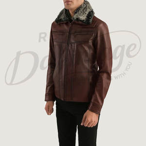 Veste en cuir véritable marron de qualité supérieure pour homme avec col en fausse fourrure grise, coupe ajustée, veste d'hiver rembourrée, manteau bomber - Product Image 1