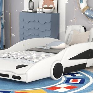 Letto a piattaforma a forma di auto da corsa bianco, singolo, con ruote, per camerette dei bambini - Product Image 4