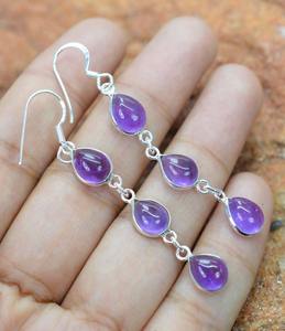 Amethyst 925 Sterling Silver 3 Stone Drop <b>Earrings</b> Peace Design Wedding Trendy Wholesale Gemstone Jewelry Export India - Product Image 2