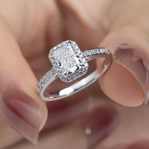 Women's Platinum Radiant Cut Diamond Engagement <b>Ring</b> With Halo And Side Diamonds IGI Certified Classic Style - Product Image 4