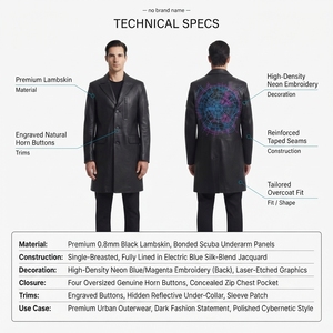 <b>Men's</b> Cyberpunk Leather Car <b>Coat</b> Premium Lambskin <b>3</b>/<b>4</b> <b>Length</b> Outerwear Custom Neon Embroidery OEM Sialkot Manufacturer - Product Image 5