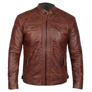Unisex Genuine Leather <b>Jacket</b> Stand Collar Zipper Closure Solid Color Regular Sleeve Moto Biker Style Autumn Wear Front - Product Image 1