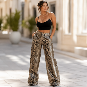 Pantalon en cuir à motif serpent pour femme, coupe large, taille haute, pantalon de soirée tendance, pantalon en cuir de motard pour femme - Product Image 5