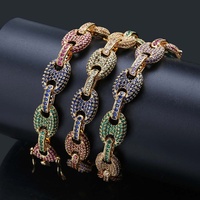 Collier Hip Hop 12 mm en zircon coloré, chaîne en forme de grain de café, laiton rhodié plaqué or, zircon, bouton hipster, pour homme et femme, cadeau