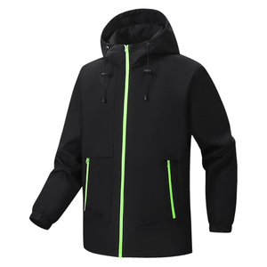Custom Wholesale Casual Men's Black Hooded Windproof Sport <b>Jacket</b> With Neon Green Zipper And Front Logo Print - Product Image 2