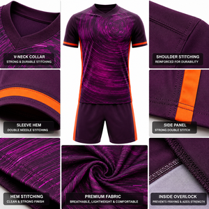 Ensemble maillot et short de football unisexe violet, col en V, sans manches, en polyester anti-humidité, taille élastique, personnalisable avec le nom de l'équipe - Product Image 6