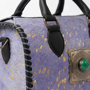 Luxury Purple Genuine Leather Cowhide Mini Speedy Duffel Bag With <b>Gold</b> Speckles And Green Gem Clasp Double Handle Zipper Closure - Product Image 3