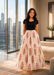 Women Bohemian Ball Gown Floral Cotton Floor-Length High Waist Tiered A-Line Casual Summer Beach <b>Skirt</b> - Product Image 2