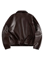 Veste en cuir streetwear personnalisée pour homme, avec motif flamme brodé, vestes en cuir OEM, grandes tailles, vestes en cuir tendance hip-hop