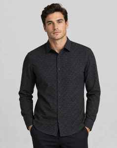 Camisa de Vestir de Manga Larga con Estampado Geométrico Azul Oscuro para Hombre, Cuello Camisero, Estilo Casual Elegante, Tejido Popelina Transpirable - Product Image 1