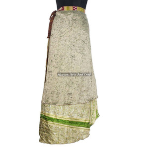 Falda Cruzada de Seda Virgen Marrón con Ribete a Cuadros para Mujer, Estilo Vintage, Larga, de Seda Sari, Reversible de 2 Capas, Mágica, 38 Pulgadas - Product Image 2