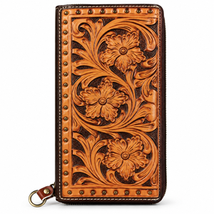 Cartera de mujer de cuero genuino de 19 cm, cartera larga floral hecha a mano con cremallera, bolsillo para monedas y ranuras para tarjetas - Product Image 4