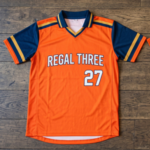 เสื้อคริกเก็ต Regal Three 27 สีส้ม สำหรับผู้ใหญ่ แบบยูนิเซ็กซ์ ระบายอากาศได้ดี ผลิตจากโพลีเอสเตอร์ เสื้อกีฬา ชุดกีฬา เสื้อพิมพ์ลายสำหรับเล่นกีฬา ยูนิเซ็กซ์ - Product Image 1
