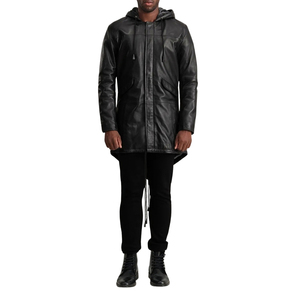 <b>Men's</b> Black Genuine Leather Hooded Parka Knee Length Zipper Overcoat Waterproof with Pockets - Product Image 1