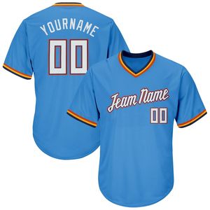 Maillot de baseball personnalisé bleu clair à col en V pour homme, manches courtes, en polyester anti-humidité, avec impression du nom de l'équipe et logo frontal - Product Image 2