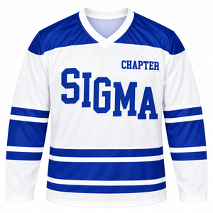 เสื้อฮอกกี้ผู้ชายสีน้ำเงินรอยัล-ขาว ยี่ห้อ Sigma Chapter แขนยาว คอวี ชุดกีฬาพร้อมลายพิมพ์ตัวอักษรแบบหนา ลายทาง แบบสั่งทำพิเศษ - Product Image 4