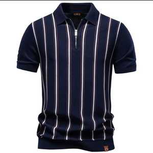 Camiseta de Manga Corta de Algodón Tejido para Hombre, con Cierre, Corte Regular, Anti-Pilling, con Ribete Azul, Blanco y Rojo - Product Image 1
