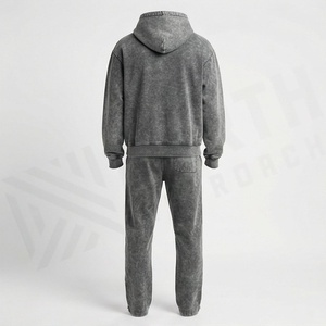 Survêtements streetwear en coton à fermeture éclair, couleur unie personnalisable, avec patchs, coupe évasée, effet délavé, respirants, à capuche, pour l'hiver - Product Image 2