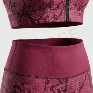 <b>Women</b> <b>Burgundy</b> Snake Print Zip Front Crop <b>Top</b> High Waist Leggings Seamless Yoga 2 Piece Set - Product Image 5