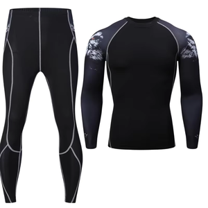 Conjunto de compresión de manga larga para hombre, color negro, cuello redondo, de secado rápido, licra y poliéster, top de manga larga y pantalones, kit sólido para todas las estaciones - Product Image 2