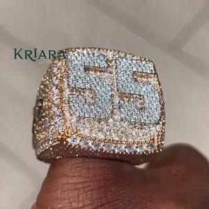 Anillo de cóctel de moissanita para hombre, de plata 925 y oro macizo de 18K, con engaste pavé, chapado en oro rosa, patrón numérico, estilo hip-hop - Product Image 1