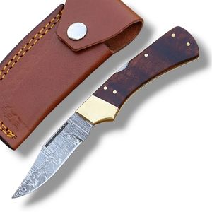 Couteaux pliants de Damas, couteaux de poche portables EDC avec étui en cuir pour la chasse, le camping, la randonnée, la survie, les activités de plein air - Product Image 1