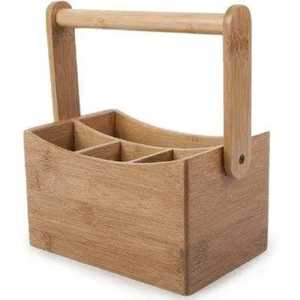 Wooden Cutlery Holder With Metal Handle 4 Compartment Flatware Organizer Kitchen Utensil <b>Storage</b> <b>Tabletop</b> Caddy - Product Image 2
