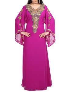 <b>Pink</b> Embroidered High Neck Long Sleeve Ankle Length <b>Abaya</b> Women's Casual Middle East Style Evening Party Dress Polyester Regular - Product Image 1