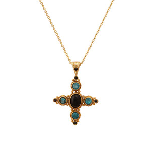 El Joyero Fashion Gold Plated Art Deco Ornate <b>Cross</b> Pendant Necklace with Black Onyx & for Blue Topaz for Women Gift - Product Image 5