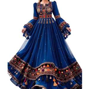 Robe de soirée élégante vintage brodée à la main, bleue, style robe de bal, avec manches lanternes à franges, longueur complète, pour femmes - Product Image 1