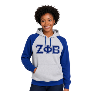Sudadera con Capucha de Invierno para Hermandades Griegas, Venta al por Mayor OEM, Gris Azul Bicolor, Manga Raglán, Forro Polar, Alta Calidad, Letras Griegas, Bolsillo Canguro - Product Image 1