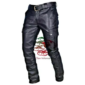 Calça de couro masculina motociclista, calças de couro legítimo slim fit para homens