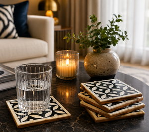 Juego de Posavasos con Diseño en Zigzag e Incrustaciones de Hueso Natural, Ecológico, Hecho a Mano, para Tazas de Café y Té, Protector de Mesa, Accesorios de Vajilla - Product Image 4