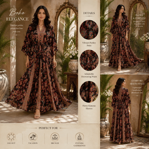 Designer Silk Maxi Gown Free Size Ibiza Black Paisley Print Hand Painted| Bohemian <b>Kaftan</b> <b>Dress</b> for Vacation and Holiday Wear - Product Image 3