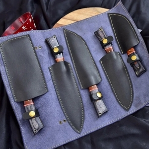 Handmade Damascus Steel Chef <b>Knife</b> <b>Set</b> 5 Pieces Razor <b>Sharp</b> High Carbon Forged with Customizable Wholesale Leather Roll - Product Image 2