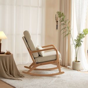 Sedia a dondolo in legno massello con schienale alto, cintura di sicurezza, cuscino lombare e braccioli 100x65x101cm per uso interno - Product Image 5